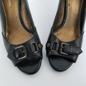 NATURALIZER Black Peep Toe Heels with Buckle Top